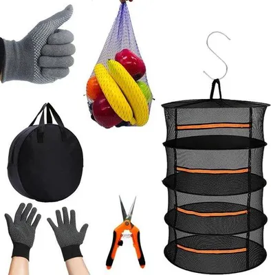 Productafbeelding van Famanu Drogenrek, 90 cm - 4-laags gaas voor kruiden, met opbergzak