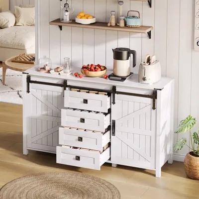 Produktbild von Anrichte, 137 cm breit – Weißer Buffetkorpus mit Schiebetüren und 4 Schubladen – Für das Esszimmer