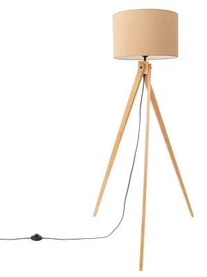 Produktbild von Dreibein Stehlampe Wohnzimmer 140 cm niedrig E27 Stoff Holz in Taupe Natur Stehleuchte