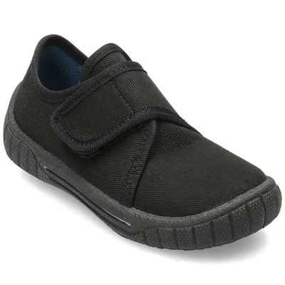A black children's shoe with velcro straps.