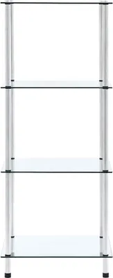 A four-tier glass shelf unit with silver metal supports, shown against a white background.