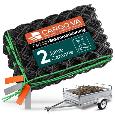 Produktbild von Anhängernetz dehnbar 1x2 bis 2x3 m schwarz mit Gummiseil und Eckenmarkierung