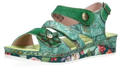 Produktbild von Laura Vita Damen Sandale drei Riemen aus Leder mit Blumenmuster Brcuelo 06, Größe:39 EU, Farbe:Grün
