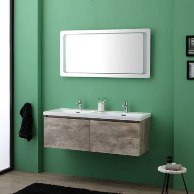 Produktbild von 120cm Betonoptik-Badezimmermöbel-Set mit Spiegel mit Led-Beleuchtung | Madrid