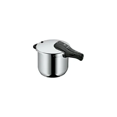 A studio shot of a pressure cooker on a white background.