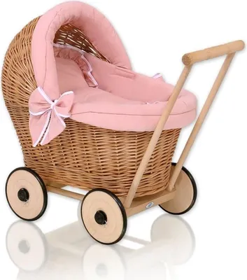 Produktbild von Puppenhaus aus Korbgeflecht – Poppenbuggy aus Holz – handgefertigt und ökologisch mit weicher Polsterung