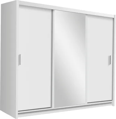 Produktbild von Furniture24 Kleiderschrank MONAKO Schlafzimmer 3 Türiger Schwebetürenschrank Schrank mit 2 Kleiderstangen 8 Einlegeboden Spiegel und 2 Schubladen Schiebetür Weiß