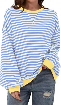 Produktbild von ASKSA Damen Sweatshirt Oversized Gestreift Farbblock Rundhals Langarmshirt Oberteile Herbst Y2K Shirt (Blau,M)
