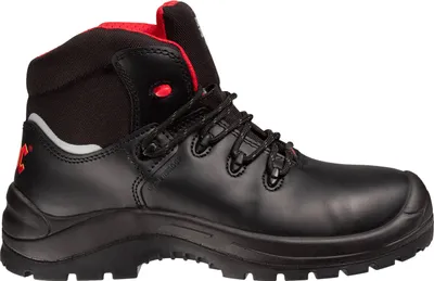 A black and red work boot is shown against a white background.