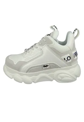 A side view of a white Buffalo sneaker with a thick white sole.