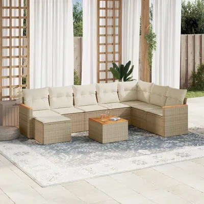 Produktbild von Design 9-tlg. Garten-Sofagarnitur mit Kissen Beige Poly Rattan, Gartenmöbel-Sets 2024 Neu