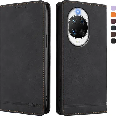 Image de Etui pour Huawei Nova 14 Pro, étui rétro en cuirPolyuréthaneavec support et fentes pour cartes de crédit Noir