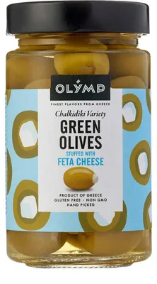 Obrázok produktu pre Olymp zelené olivy so syrom Feta 320 g – jemné občerstvenie a stredomorský pôžitok