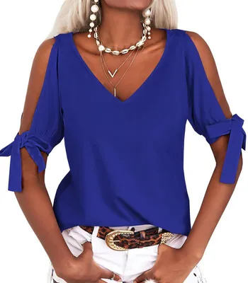 Produktbild von Damen-T-Shirt mit V-Ausschnitt und schulterfreiem Design sowie Cut-out-Muster