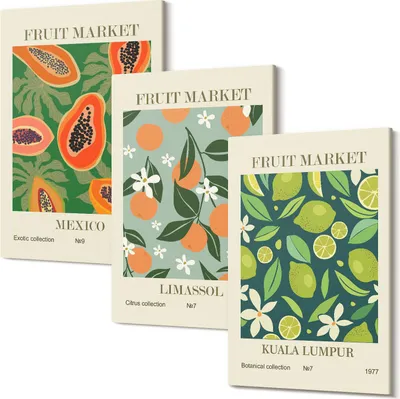 Produktbild von Leinwandbild – Wandbild – Leinwandbilder – Kunstdruck – Polycanvas – Modern – Mehrteilig – 3-Teilig Set – Hochwertig – Geruchslos – Lichtecht – Fertig Aufgespannt – 40x60 Cm Je Teil - Vintage-Poster mit Fruchtmustern
