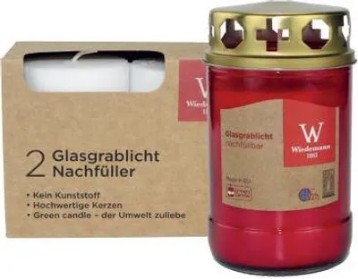 Produktbild von Glas-Grablicht Rot mit Deckel und 2er Nachfüllpack Kerzen, Der Umwelt zuliebe ohne Müll