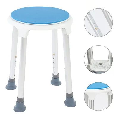 A white shower stool with a blue padded seat and gray rubber feet, shown against a white background. Inset images highlight adjustable leg height and the underside of the seat.