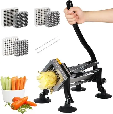 Productafbeelding van Pommesschneider, aardappelsnijder. Professioneel model met roestvrijstalen messen van 8 mm, 10 mm en 12 mm. Handmatige frietjesnijder, groentesnijder, uiennijder, geschikt voor commercieel gebruik