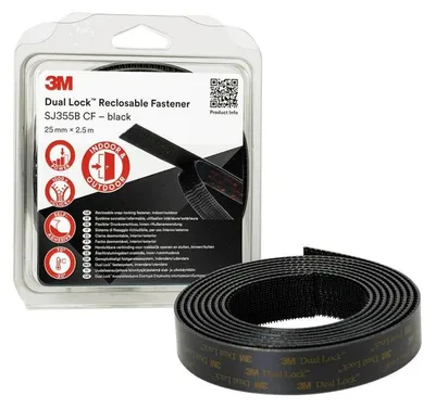 Produktbild von 3M™ Dual Lock™ Flexibler Druckverschluss SJ355B, Schwarz, 25 mm x 2.5 m, 5.7 mm, 40 Köpfe/cm², Einzeln verpackt | Packung (1 Rolle)