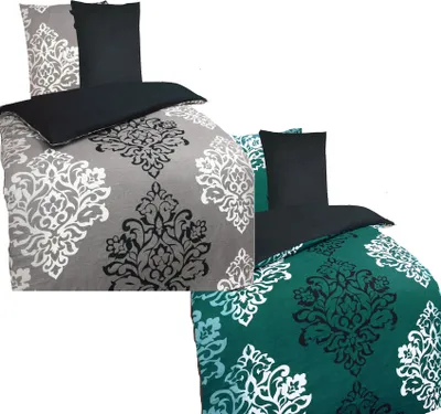 Produktbild von 2-tlg. Biber Winter Wende Bettwäsche, 135 x 200 + 80x80 cm, schwarz grau Ornamente, 100% Baumwolle
