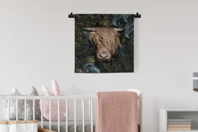Produktbild von MuchoWow® Wandteppich Wandbehang Schottisches Hochlandrind - Blumen - Blätter - Licht 60x60 cm Tapisserie Dekoration Wandtuch - Dekorationen - Wand Decke