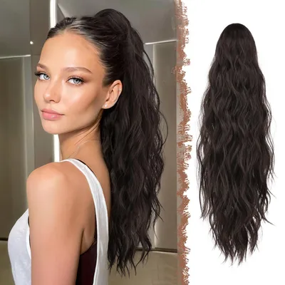 Immagine prodotto di Estensione per capelli a coda di cavallo ondulata, con clip, 63 cm, marrone scuro
