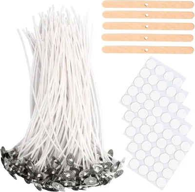 Produktbild von Kerzendocht, 100 Stück Kerzendochte für die DIY-Kerzenherstellung, 5 Bögen Kerzendochtaufkleber, 5 Stück Holzdochthalter, Kerzendocht-Set, 20,5 cm