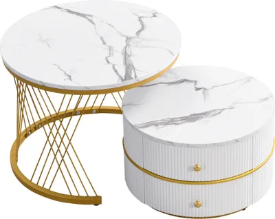 Produktbild von MODFU Couchtisch Wohnzimmertisch 2er Set für Wohnzimmer, Schlafzimmer Balkon, Beistelltisch Satztisch rund mit 2 Schubladen, Gold
