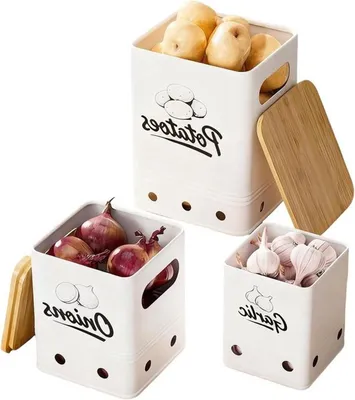 Aufbewahrungsboxen für Kartoffeln und Zwiebeln, Set von 3 mit Bambusdeckel, stapelbare Gemüseaufbewahrung, ideal für