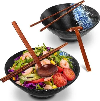 Produktbild von Famanu Ramen Schalen Set - 6-teilig mit Löffel und Essstäbchen - 1000 ml Schalen