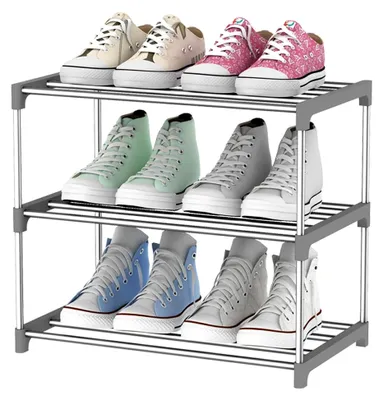 Produktbild von Schuhregal, 3 Etagen, stapelbar, einfach montierbar, grauer Schuhständer für Flur und Schlafzimmer