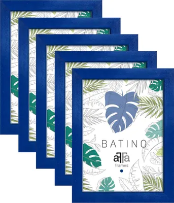 A stack of four dark blue picture frames with a tropical leaf pattern inside.
