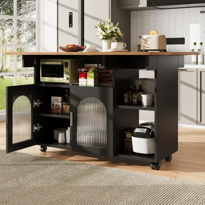 Produktbild von Kücheninsel,Modernes Küchensiland, Küchenschrank, Abnehmbare Servierwagen buffetschrank, Speisewagen mit Holzmaserung, buffetschrank,  Multifunktionale Esstisch mit Speicherraum, Schwarz