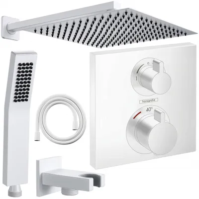 Produktbild von Hansgrohe und Jowi Unterputz Duschsystem Weiß, Ecostat Square Thermostat, Duscharmatur, Regendusche, Kopfbrause, OHNE iBox