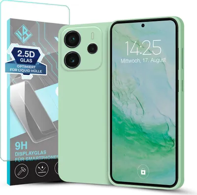 Produktbild von Hülle für Xiaomi Redmi Note 14 mit 9H Displayglas Displayschutz Plus Case Cover Bumper Silikon Softgrip Schutzhülle Farbe: Türkis