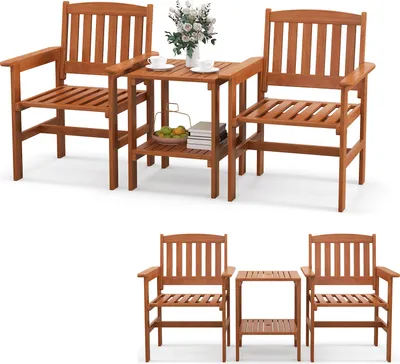 Two different configurations of a wooden balcony furniture set, each including two chairs and a table.