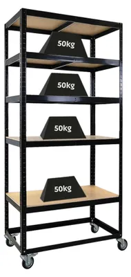 Produktbild von Kommissionierwagen BÜFFEL | HxBxT 190x90x50cm | 5 Ebenen | Fachlast 50kg | 4 Lenkrollen, davon 2 mit Feststellbremse | Schwarz | Fahrbares Kommissionierregal, Regal auf Rollen, Regalwagen