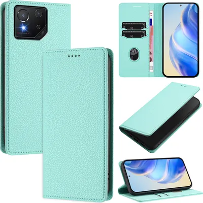 Produktbild von Litchi Leder Handyhülle für Asus ROG Phone 8 / 8 Pro Wallet Kartenfächer Standfunktion Hülle Türkis