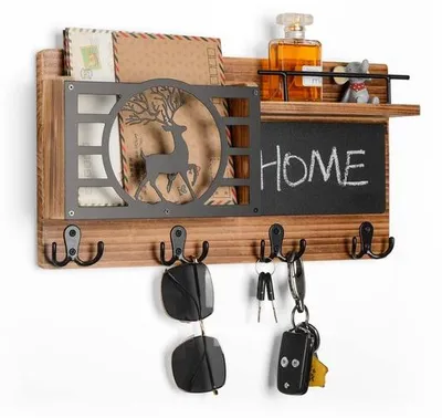 Produktbild von Sleutelbrett mit Kreidetafel und Ablage, Wandorganizer, Schlüsselhaken, Holz
