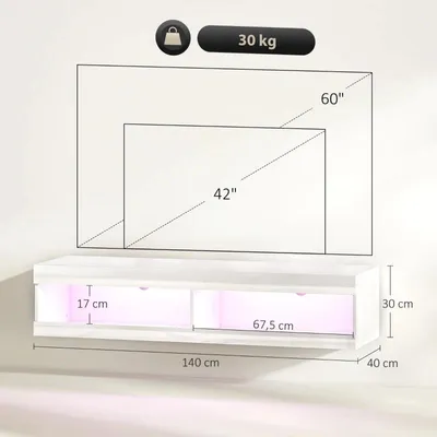Zdjęcie produktu dla Moonbite, wisząca szafka RTV, 140 × 40 × 30 cm, z podświetleniem RGB w 16 kolorach, otwartymi półkami i systemem zarządzania kablami, przeznaczona do telewizorów 55-60 cali, wykonana z drewna, w białym, błyszczącym wykończeniu