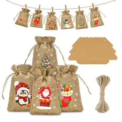 Produktbild von Adventskalender Jutesäckchen zum Befüllen 24 Stück 10x15cm mit Anhängern und Juteschnur