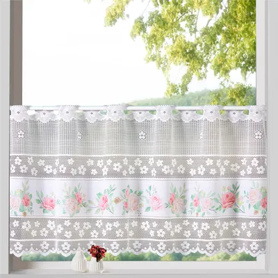 Produktbild von heimtexland ® Shabby Chic Scheibengardine Jacquard weiß mit Rosen Borte HxB 45x145 Deko Gardine Landhaus Typ763