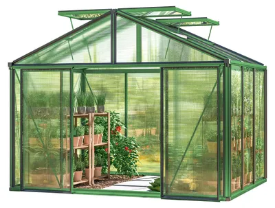 Produktbild von GFP Gewächshaus Asteria 21 Light 311x235 cm mit integriertem Fundament 12 mm Doppelstegplatten, Farbe Moosgrün