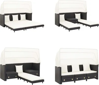Produktbild von vidaXL Ausziehbares 3 Sitzer Schlafsofa mit Dach Poly Rattan Schwarz - Schlafsofa - Schlafsofas - Rattan-Schlafsofa - Rattan-Schlafsofas