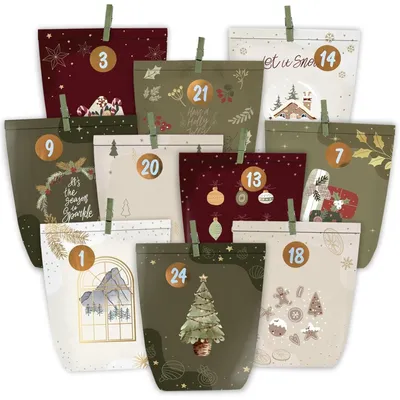 Produktbild von Adventskalender zum Befüllen, 24 Papiertüten mit Zahlen-Aufklebern, DIY-Bastelset, Grün/Rot/Beige