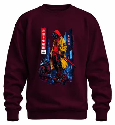 Zdjęcie produktu dla Bluza z kapturem "Cyberpunk Samurai Katana", motyw japoński, anime, styl Y2K, manga, kolor burgundowy, rozmiar XL