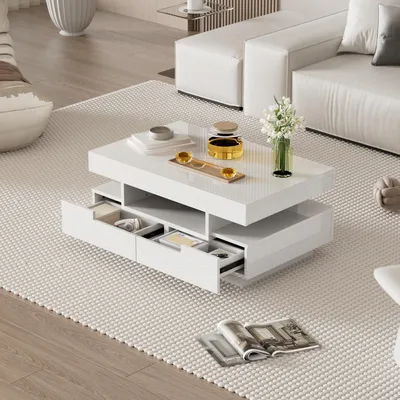 Image de OKWISH Table basse - Table basse moderne avec LED Intégrée et Rangement, Tiroirs Multiples et Niches Ouvertes, Haute Brillance, Blanc 80x50x36 cm