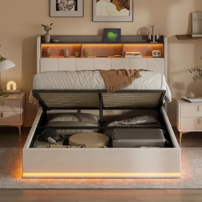 Image de Lit rembourré INONEFT 160x200 cm avec port USB, lit boxspring double avec sommier à lattes et espace de rangement, lit pour adolescents avec espace de rangement et éclairage LED, en velours, couleur beige