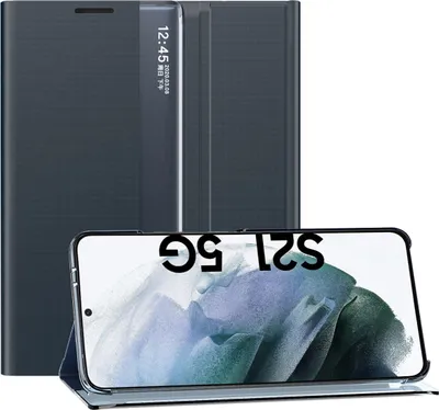 Image de Etui Samsung Galaxy S21 FE 5G, étui mince en cuir avec fenêtre et support pour Samsung Galaxy S21 FE 5G Bleu marine