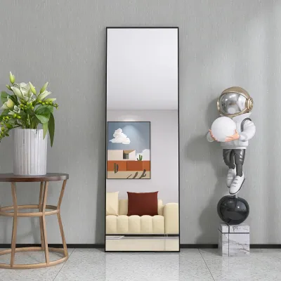Produktbild von Lustro stojące Fortuna Lai ze złotą metalową ramą 162x53cm, duże lustro HD do garderoby, prostokątne, wysokie lustro do salonu lub garderoby, czarne